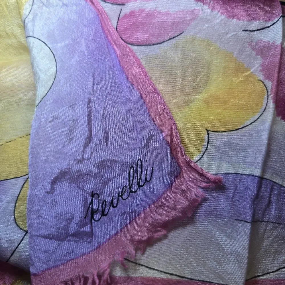 Vintage Revelli 100% Silk Pastel Floral Scarf Watercolor Sheer Frayed Fringe